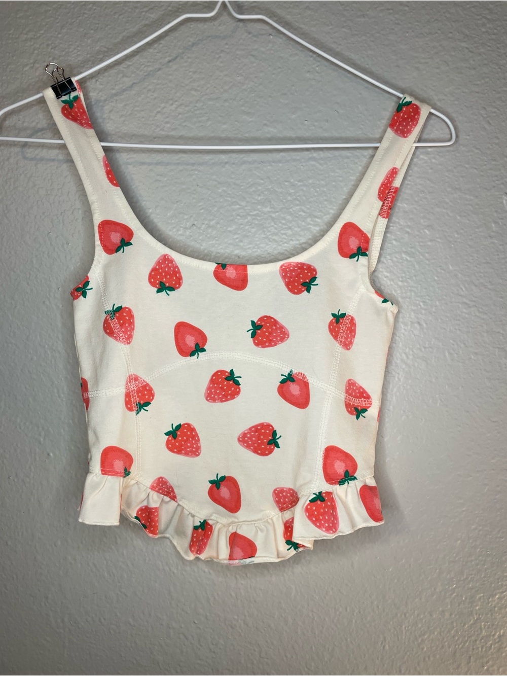Strawberry Print Ruffle Hem Corset Crop Top - Cream/Red